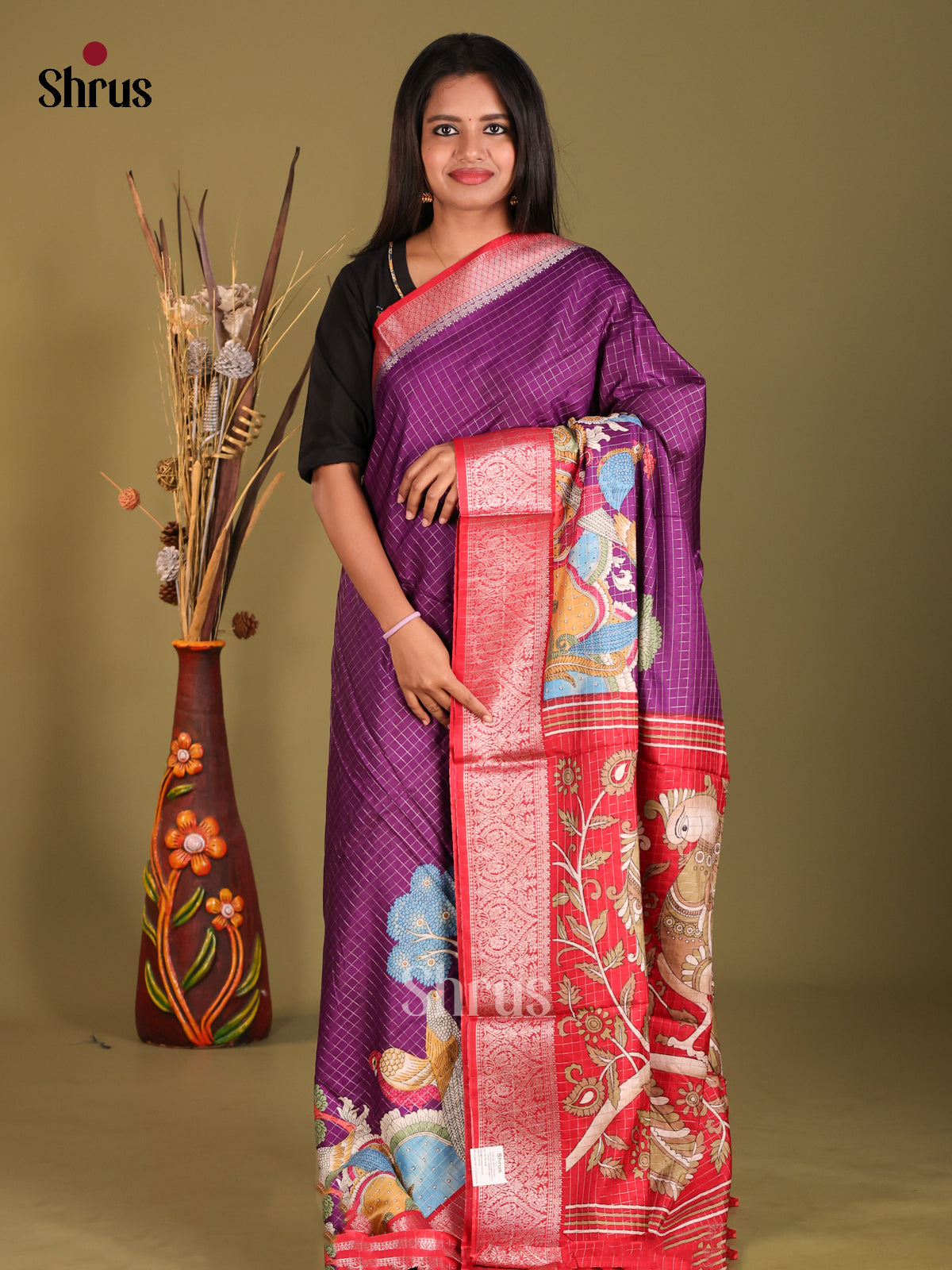 Violet & Red- Semi Dola silk Saree - Shop on Shrus.com