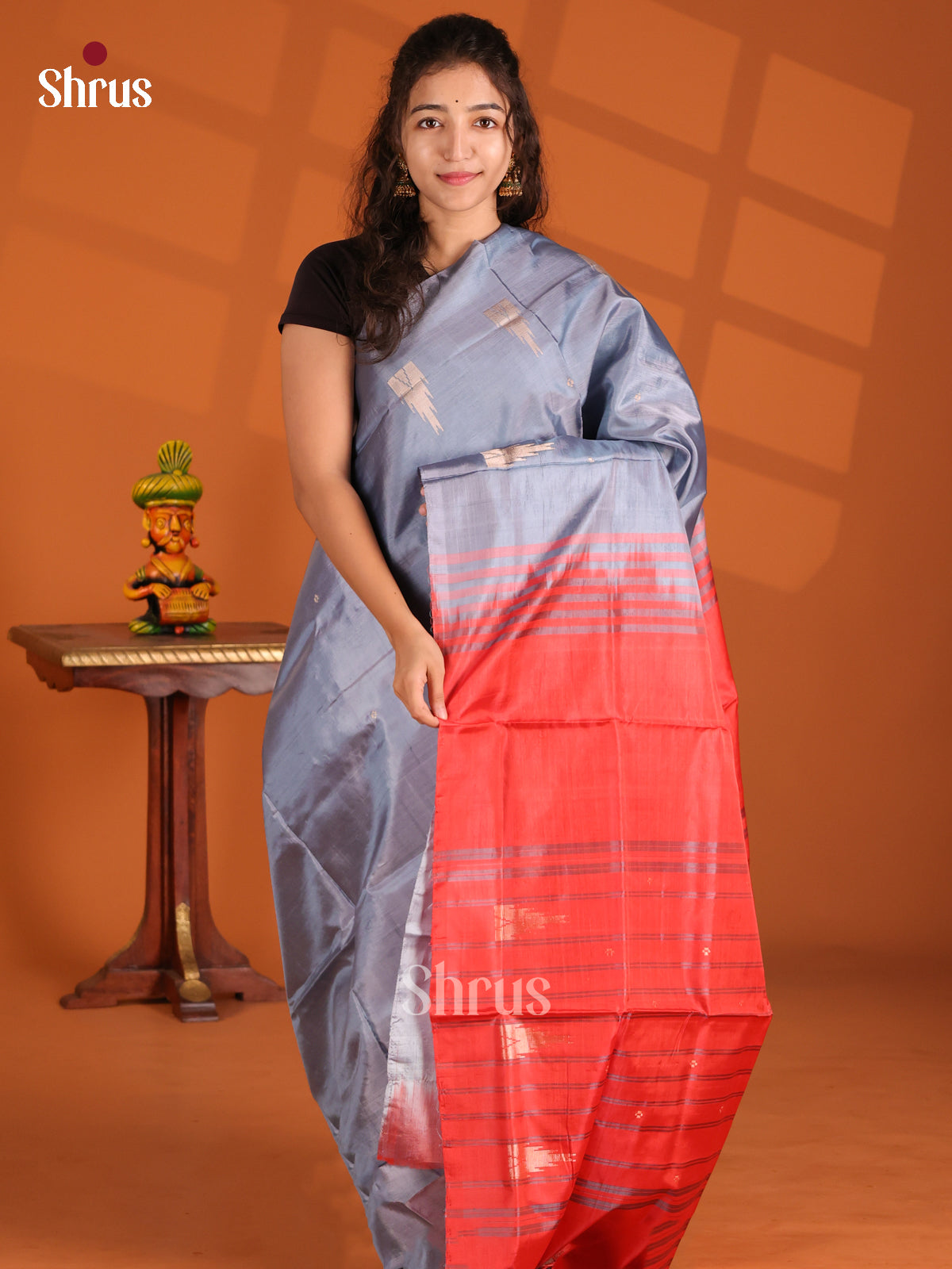 Grey & Red- Banana Pith Saree - Shop on Shrus.com