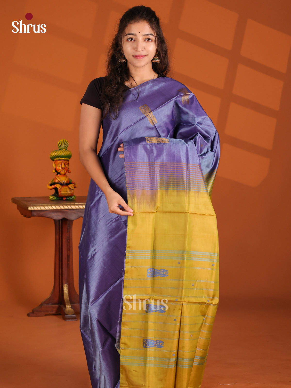 Blue & Mustardy Green - Banana Pith Saree