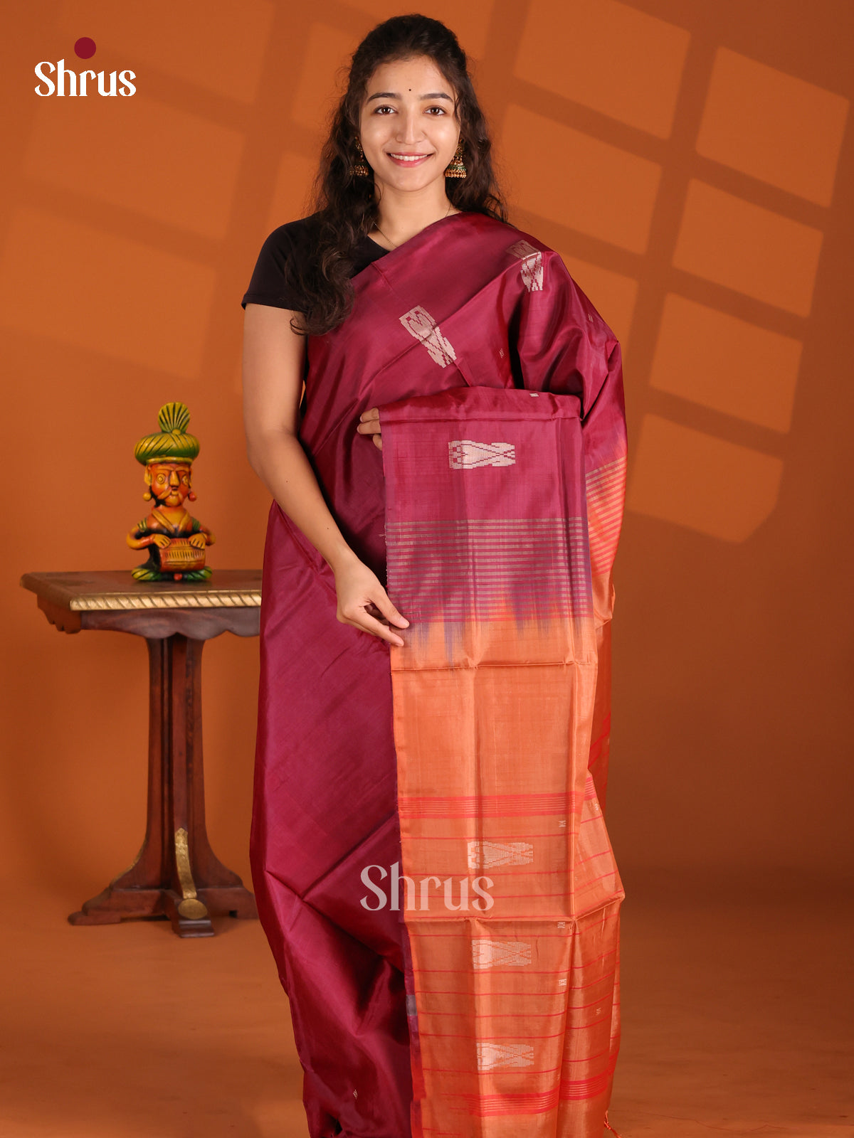 Maroon & Orange- Banana Pith Saree - Shop on Shrus.com