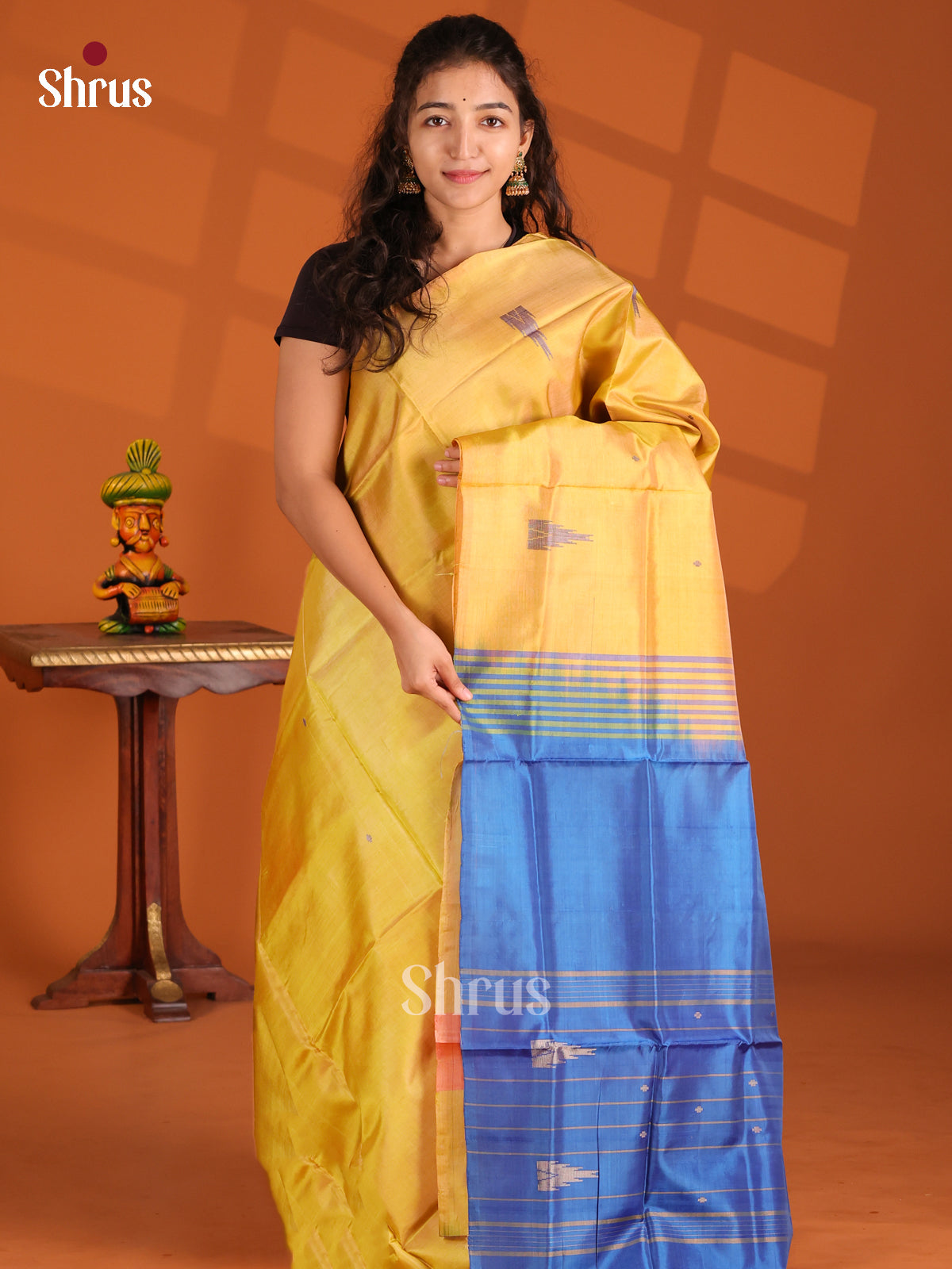 Yellow & Blue - Banana Pith Saree - Shop on Shrus.com