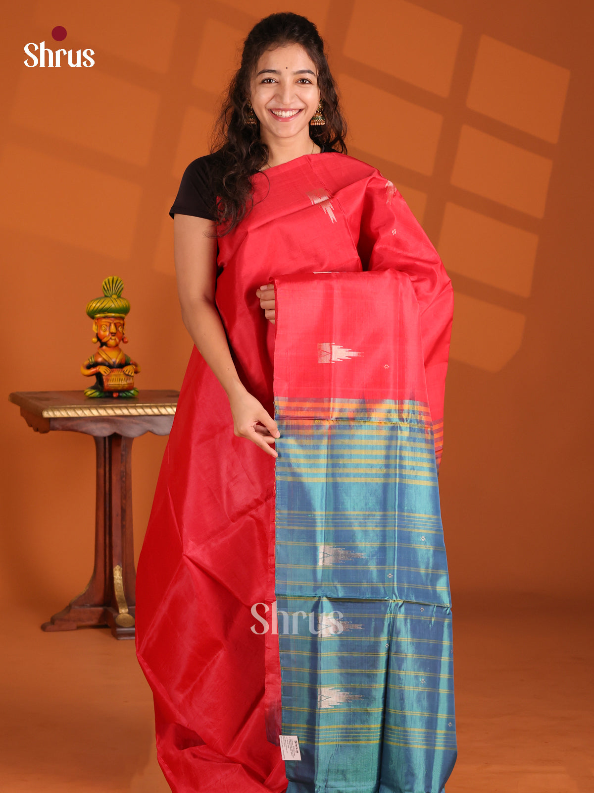 Orangish Pink & Blue - Banana Pith Saree - Shop on Shrus.com