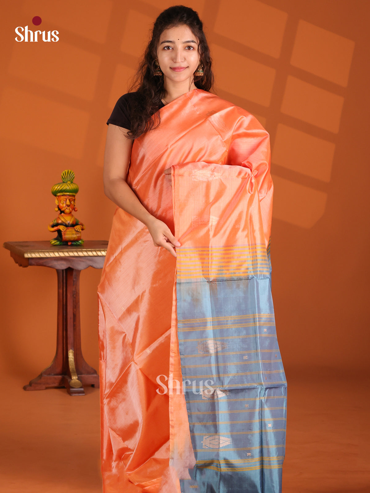 Peach & Blue- Banana Pith Saree - Shop on Shrus.com