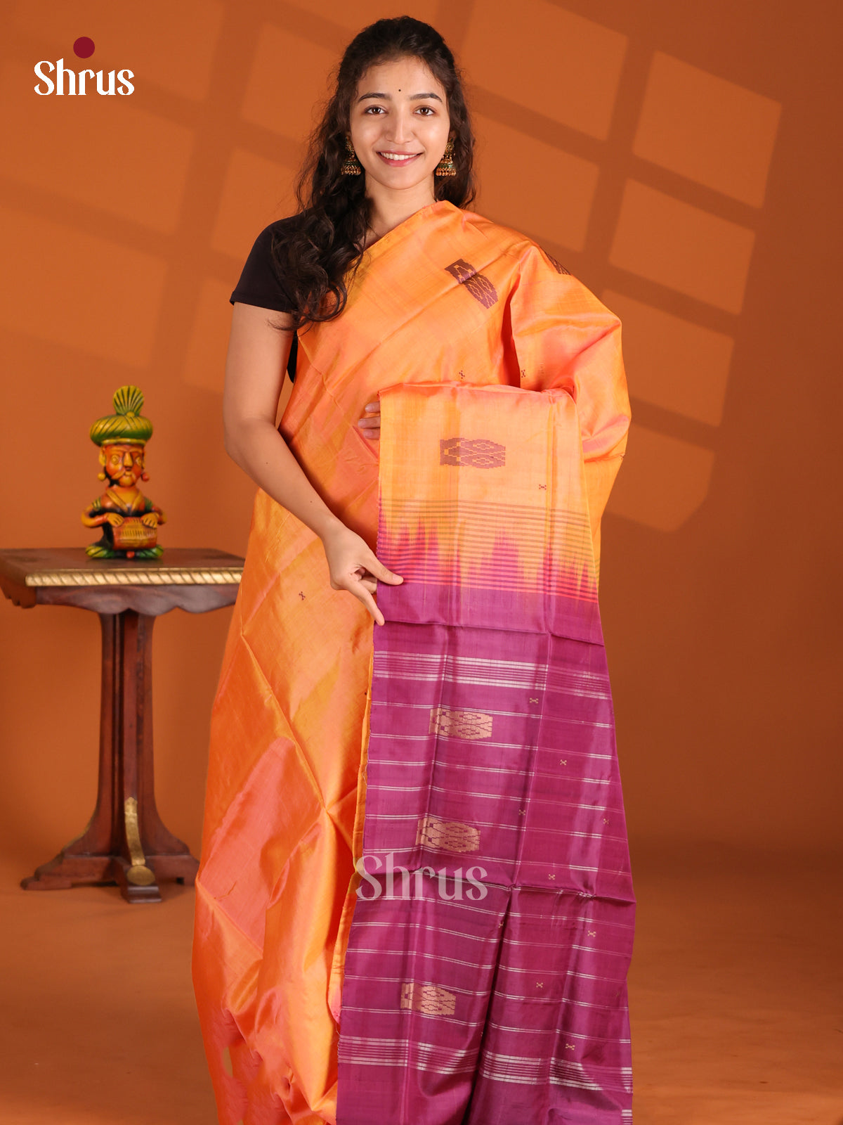 Orange & Purple- Banana Pith Saree - Shop on Shrus.com