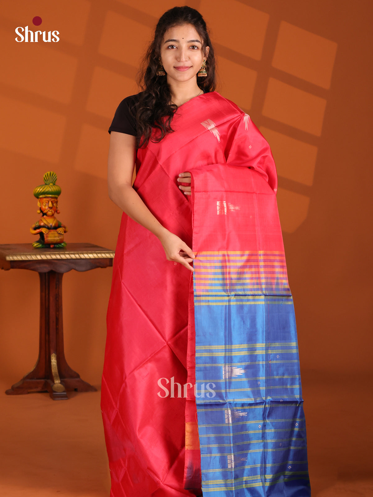 Red & Blue - Banana Pith Saree - Shop on Shrus.com