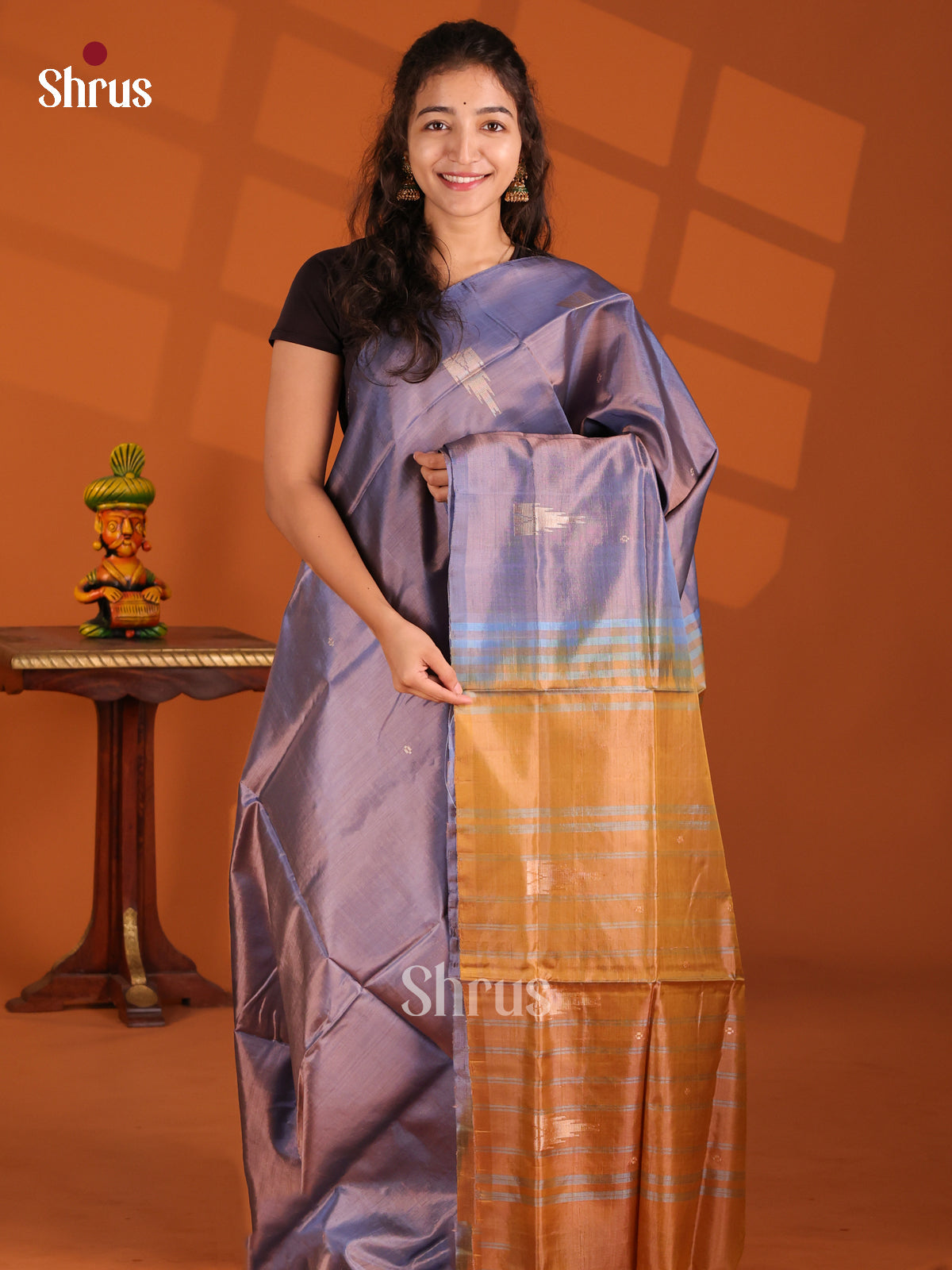 Double Shaded Purple & Mustard- Banana Pith Saree - Shop on Shrus.com