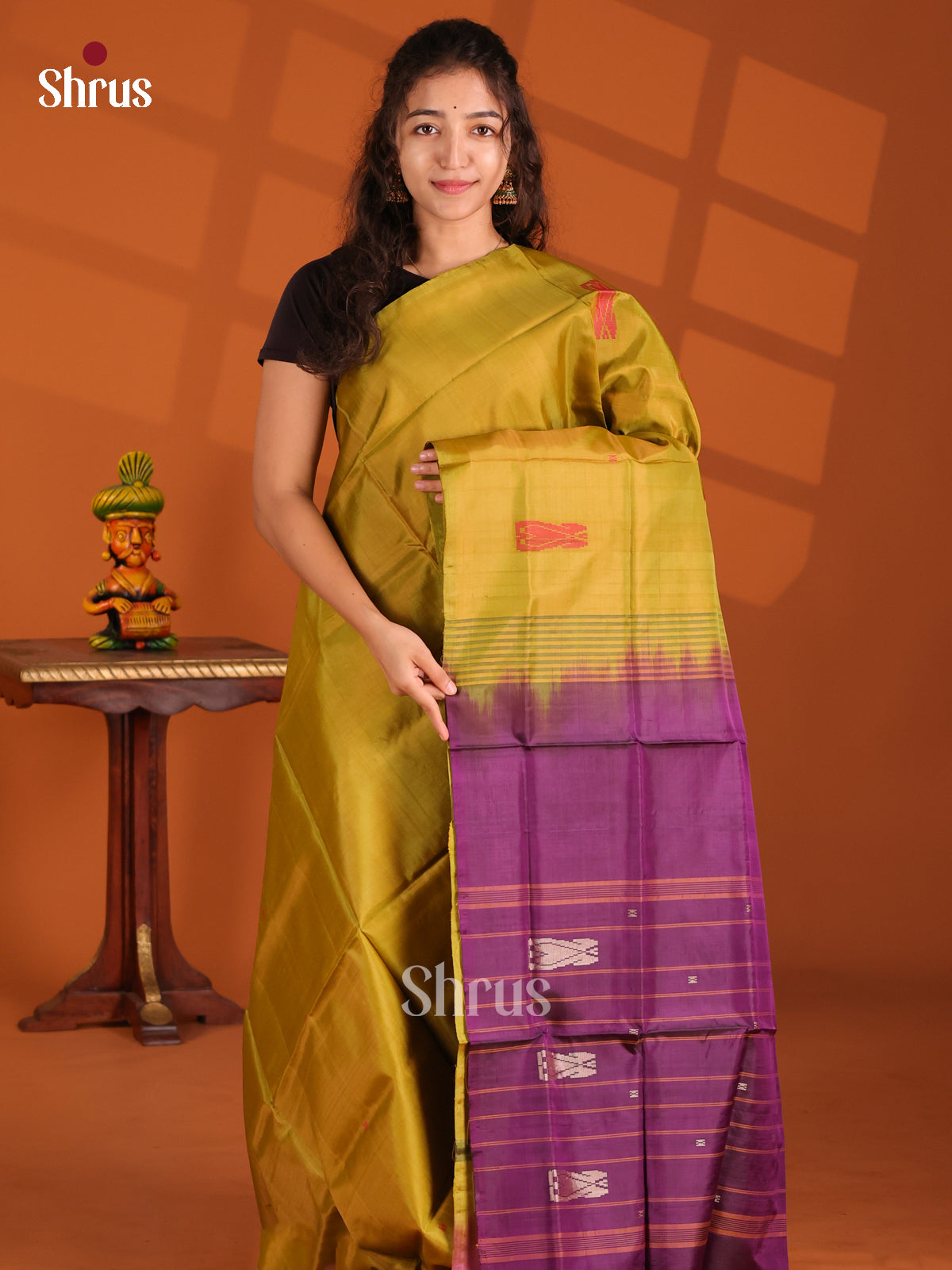 Mustard Green & Purple - Banana Pith Saree - Shop on Shrus.com
