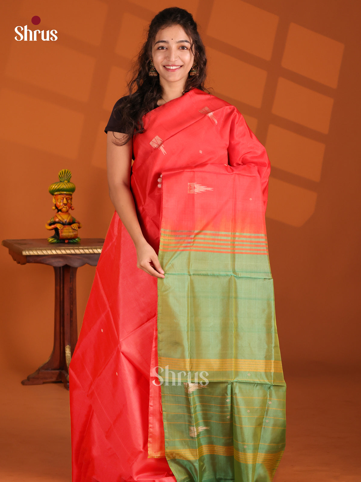 Orange & Green- Banana Pith Saree - Shop on Shrus.com