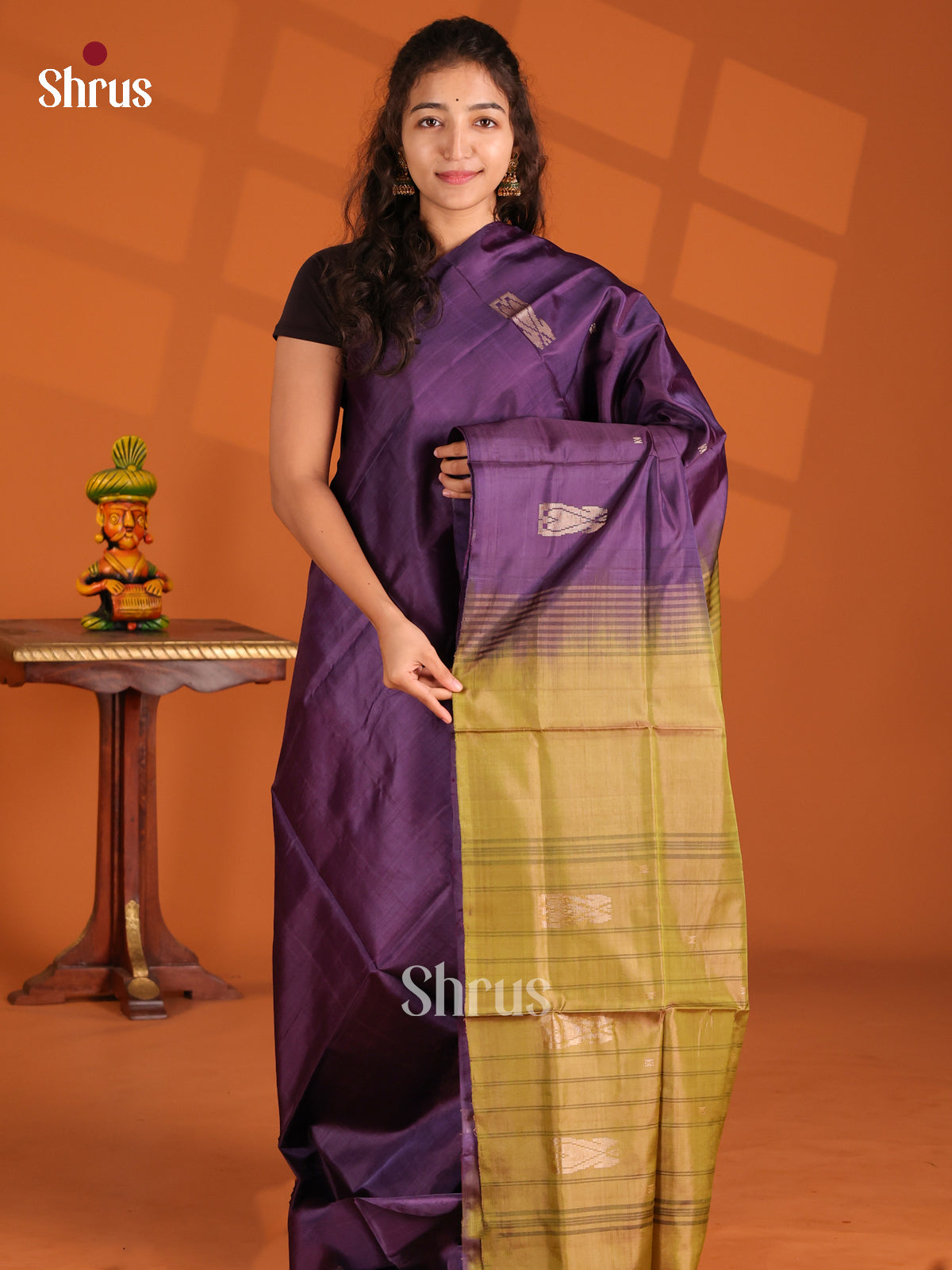 Violet & Mehandi Green- Banana Pith Saree - Shop on Shrus.com