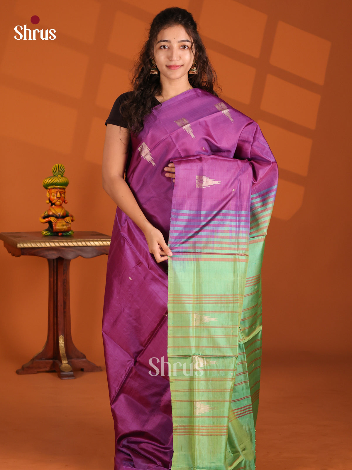 Purple & Pista Green- Banana Pith Saree - Shop on Shrus.com