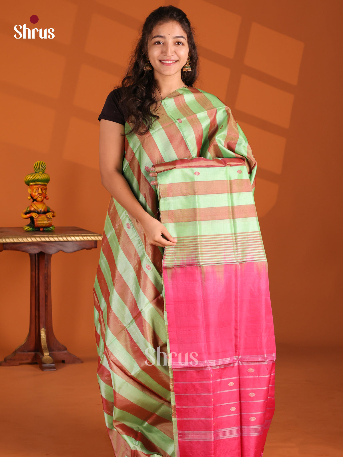 Pista Green & Pink - Banana Pith Saree - Shop on Shrus.com