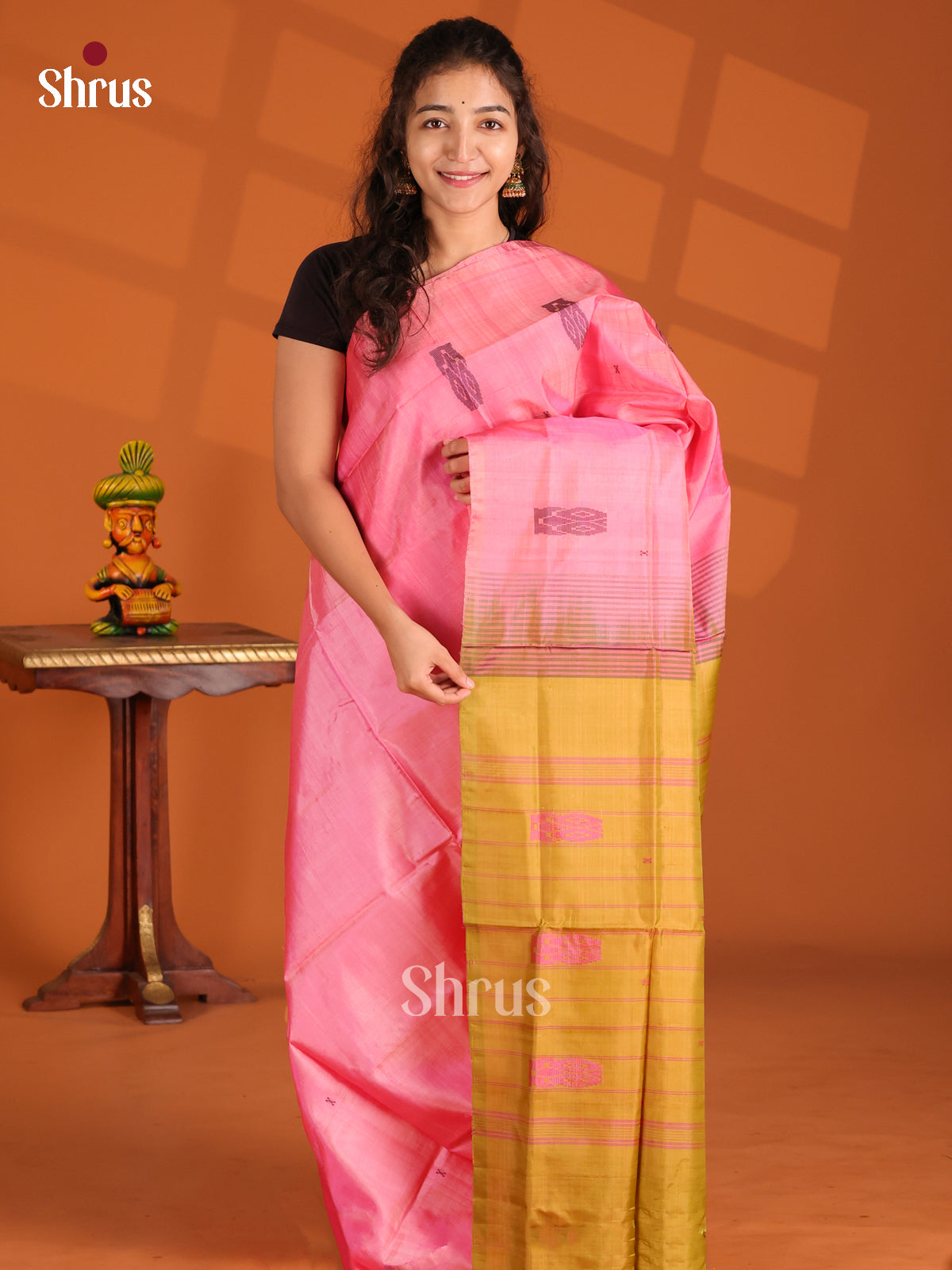 Pink & Mustard- Banana Pith Saree - Shop on Shrus.com