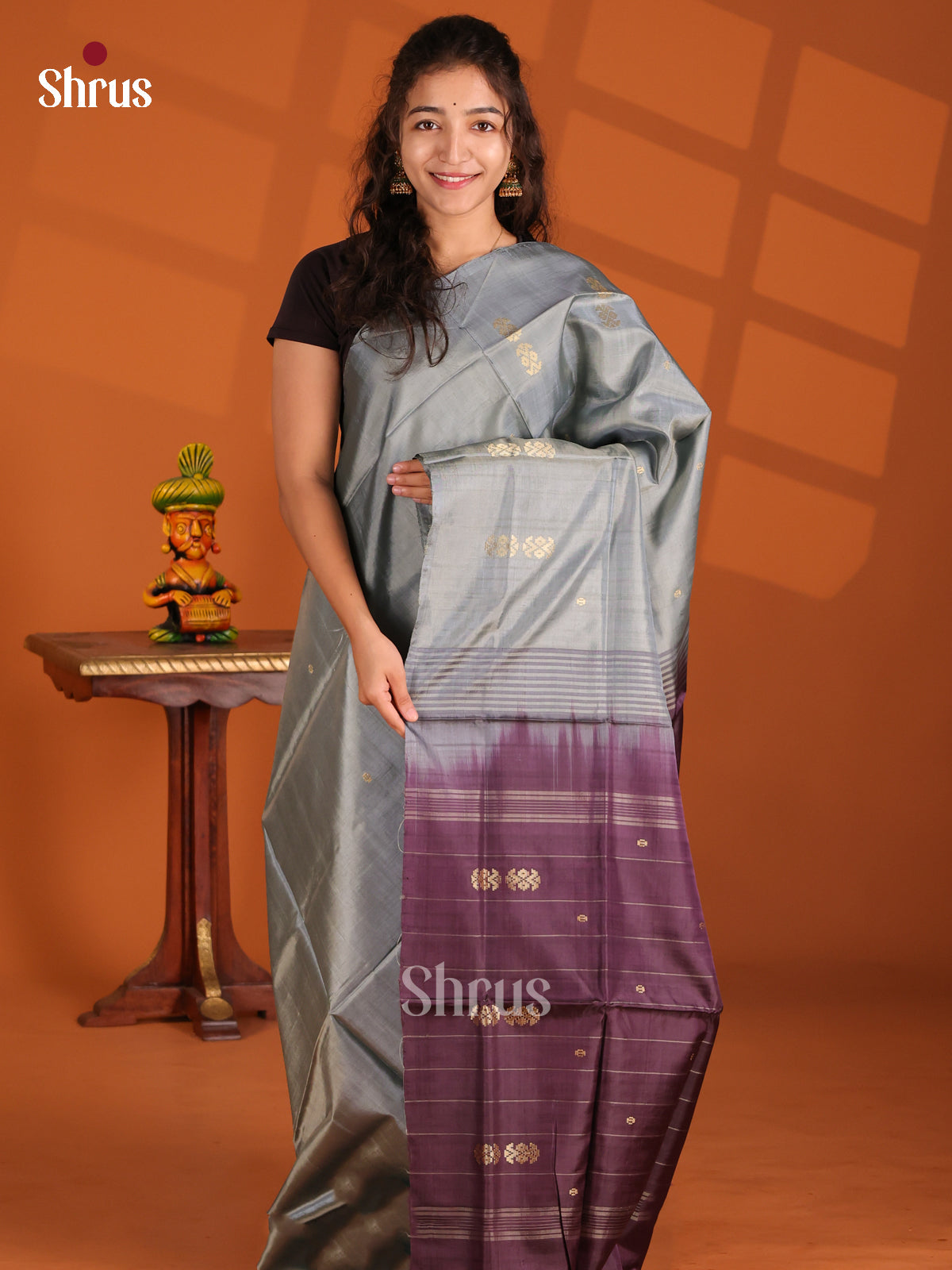 Grey & Purple- Banana Pith Saree - Shop on Shrus.com
