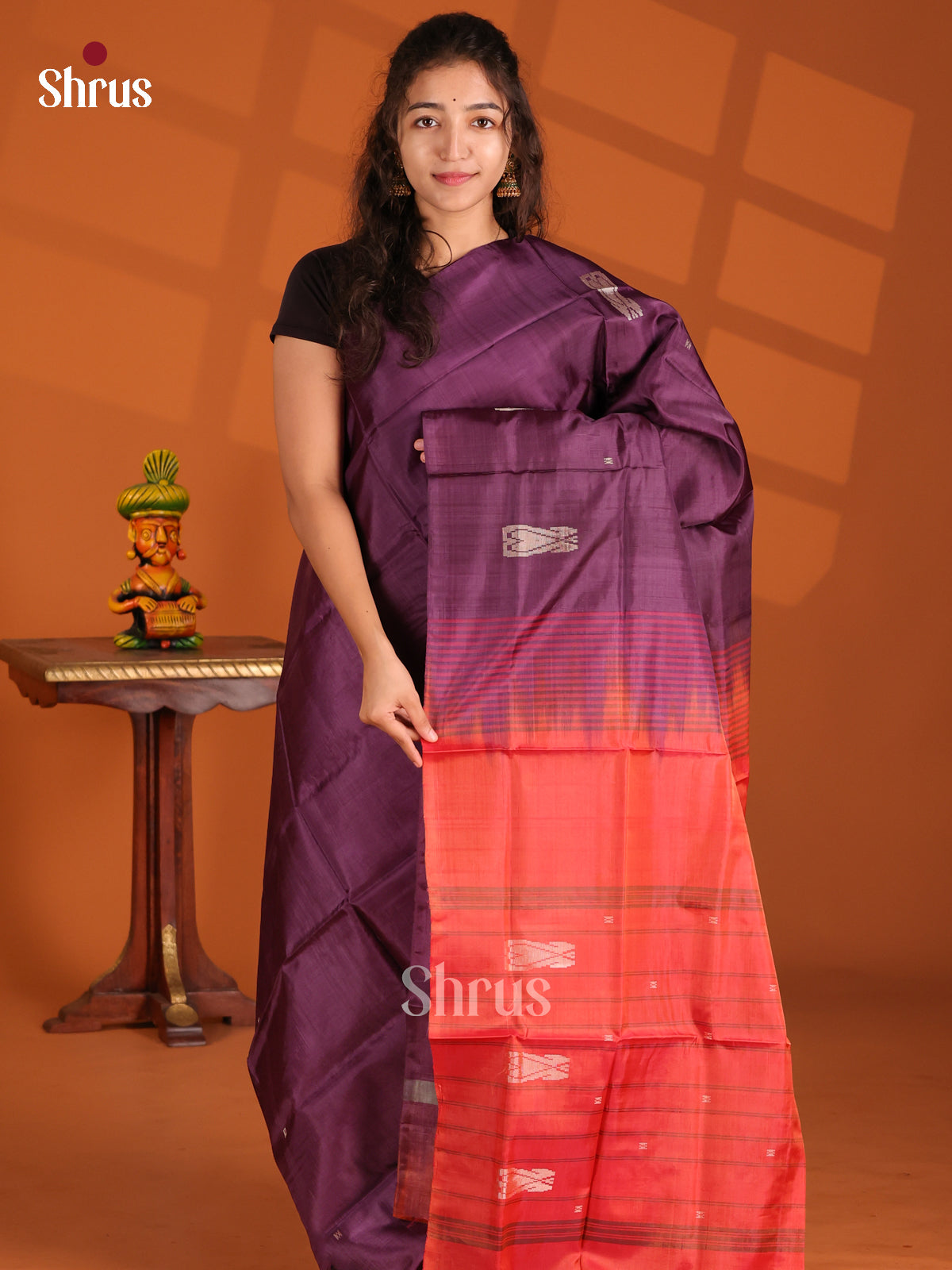 Purple & Orange - Banana Pith Saree - Shop on Shrus.com