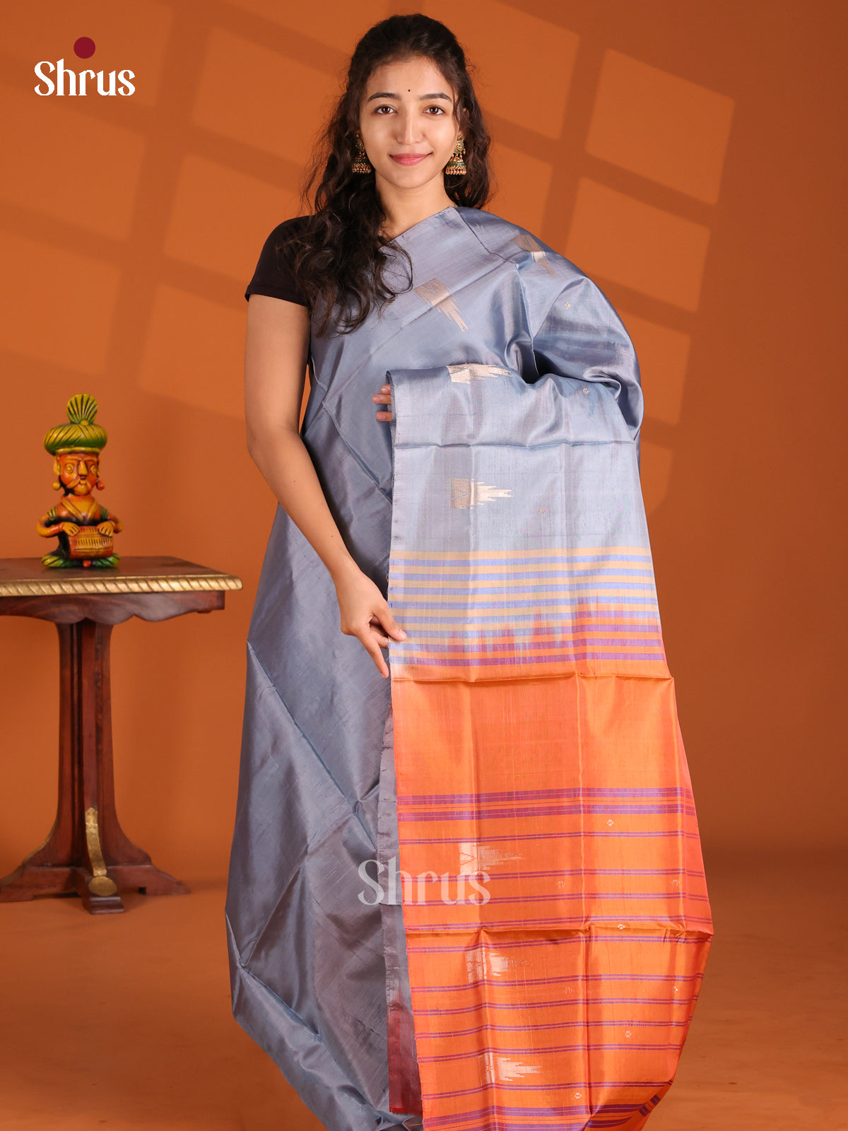 Grey & Orange- Banana Pith Saree - Shop on Shrus.com