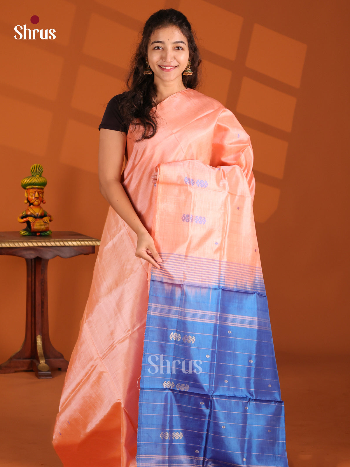 Peach & Blue- Banana Pith Saree - Shop on Shrus.com