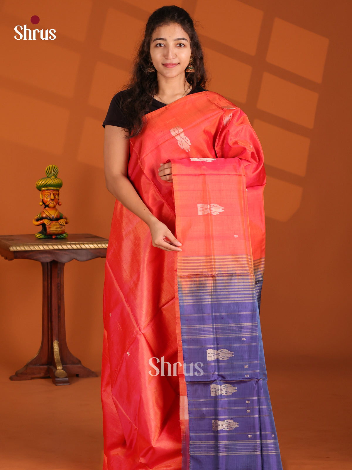 Orange & Blue- Banana Pith Saree - Shop on Shrus.com
