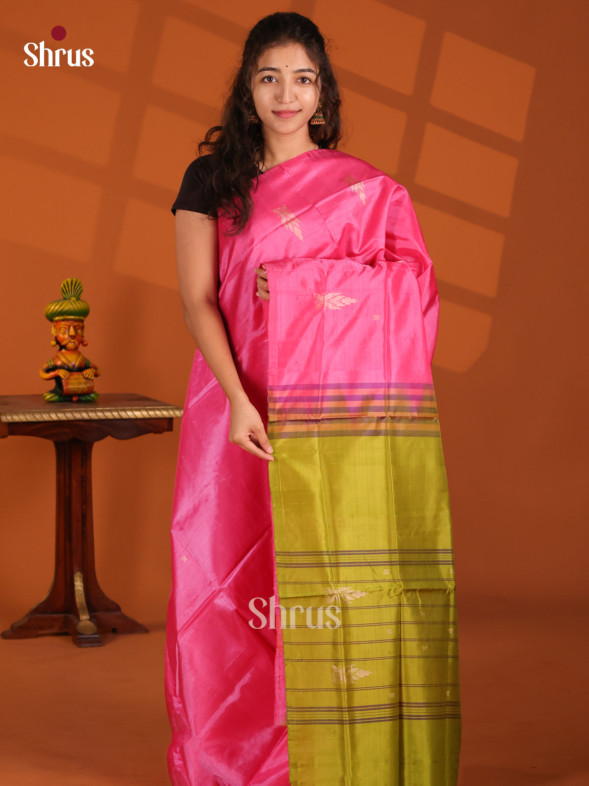 Pink & Green - Banana Pith Saree - Shop on Shrus.com