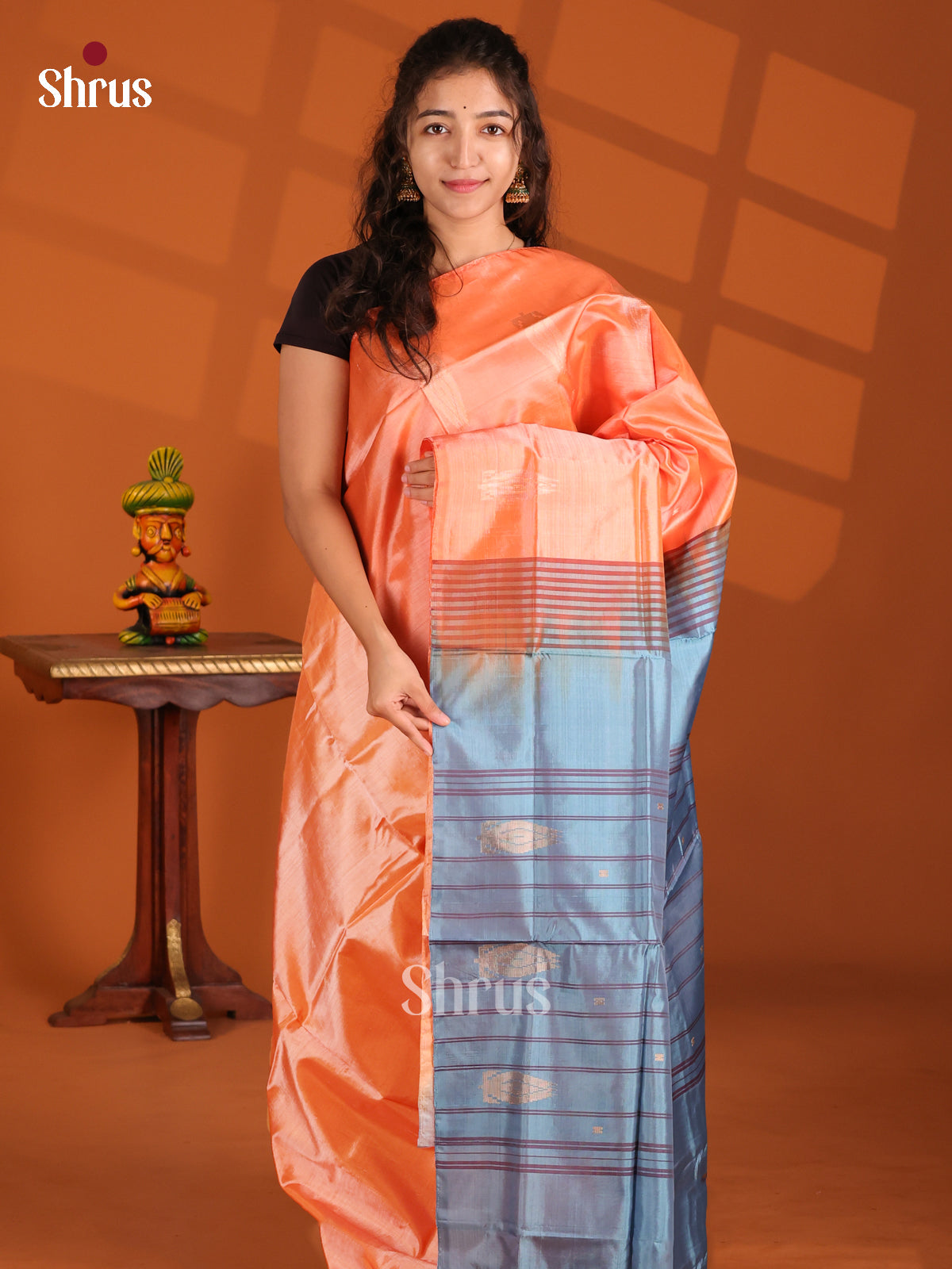 Peach & Blue- Banana Pith Saree - Shop on Shrus.com