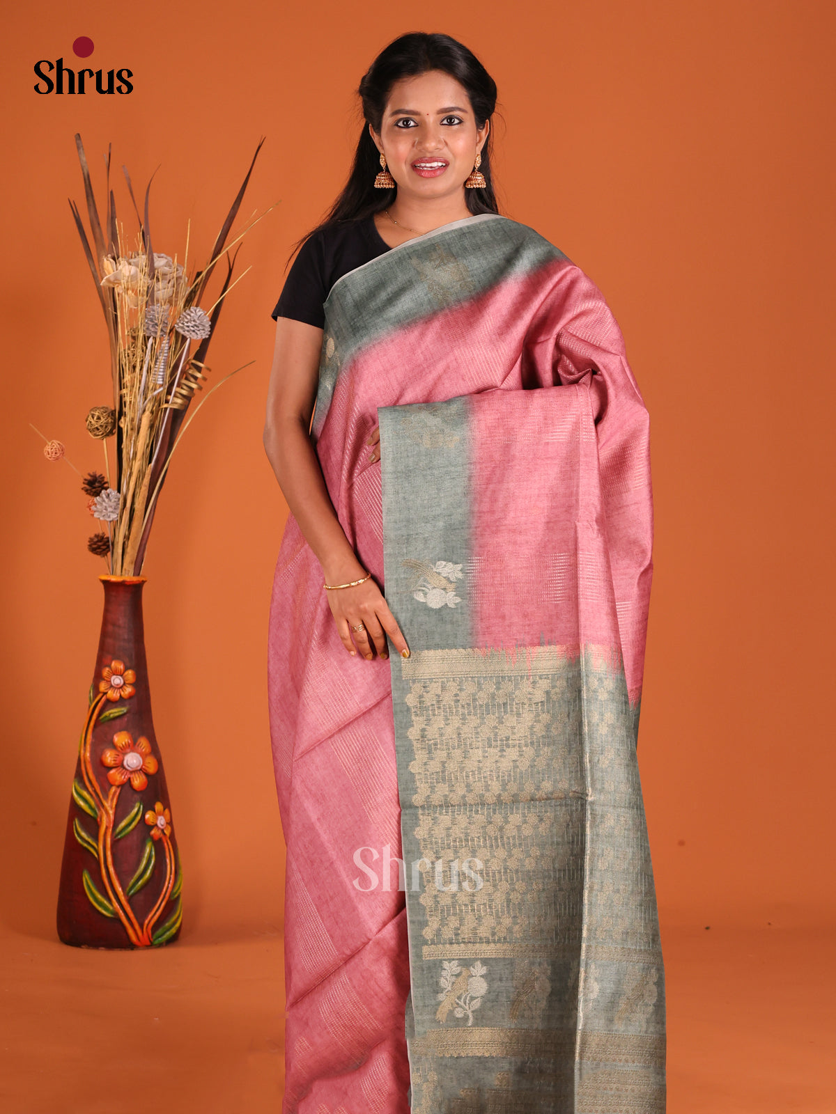 Pink & Grey - Semi Tussar Saree - Shop on Shrus.com