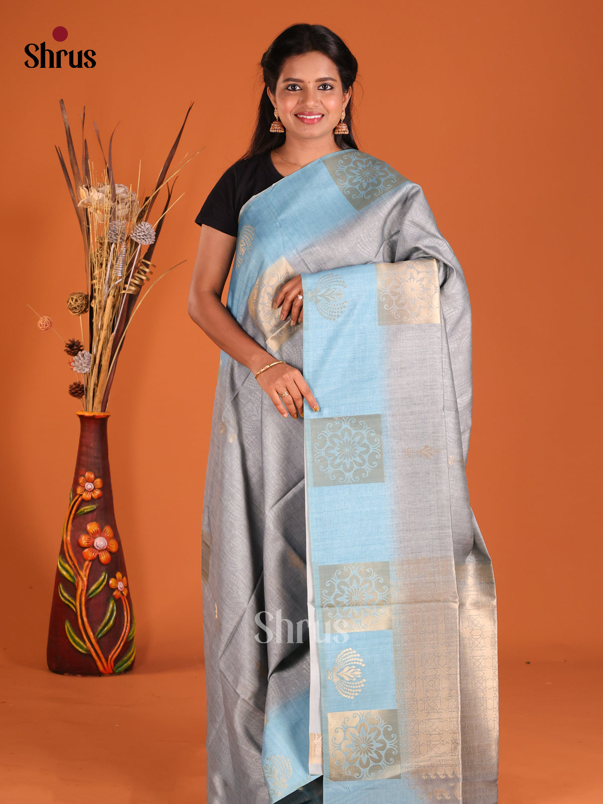 Grey & Blue - Semi Tussar Saree