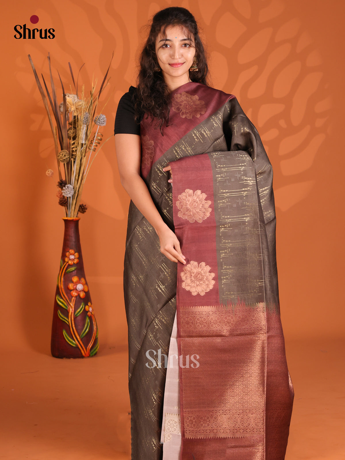 Elephant Black & Brown- Semi Tussar Saree - Shop on Shrus.com
