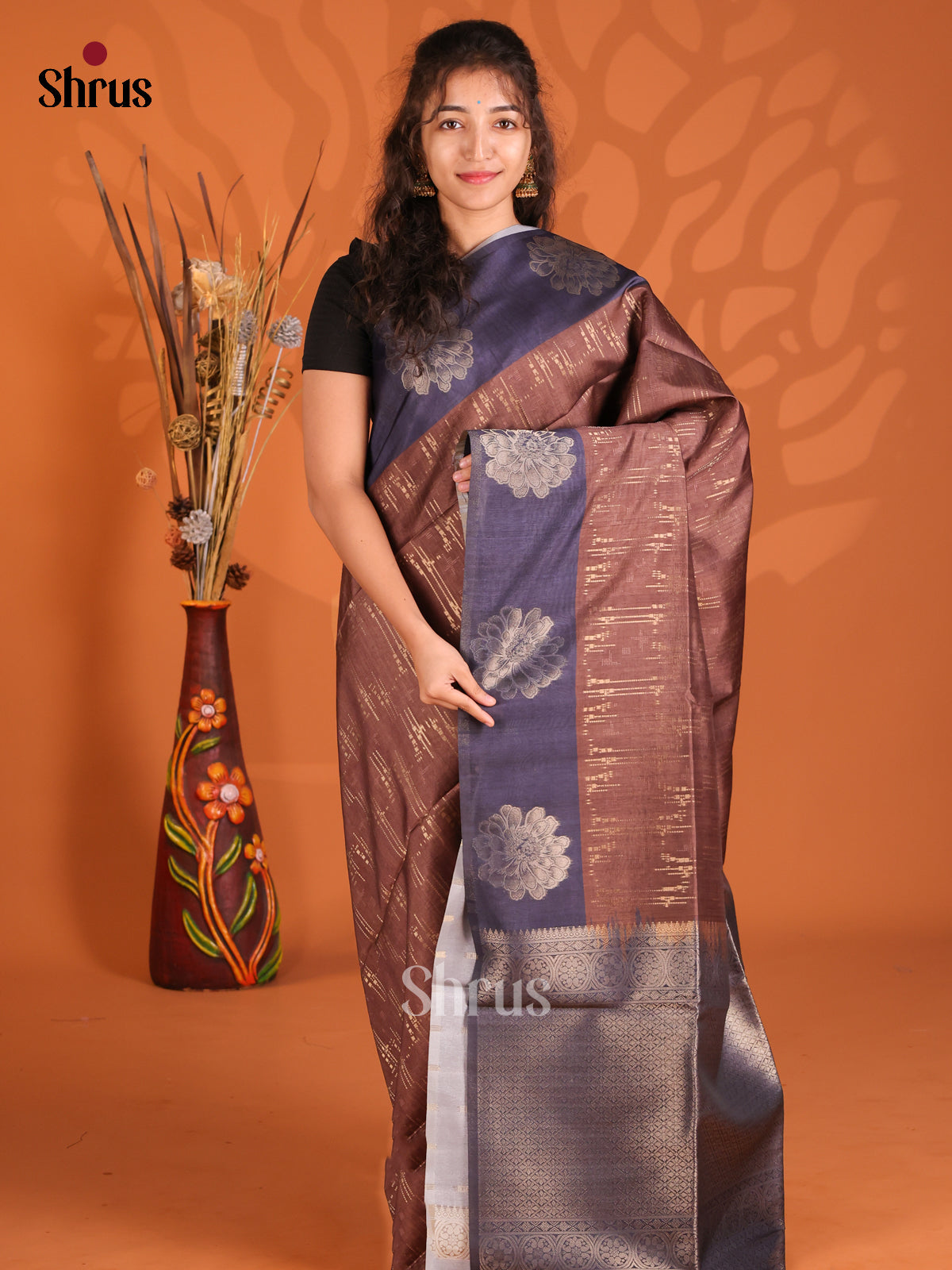Brown & Blue - Semi Tussar Saree