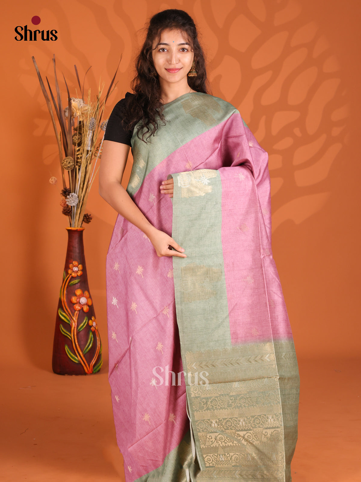 Pink & green - Semi Tussar Saree - Shop on Shrus.com