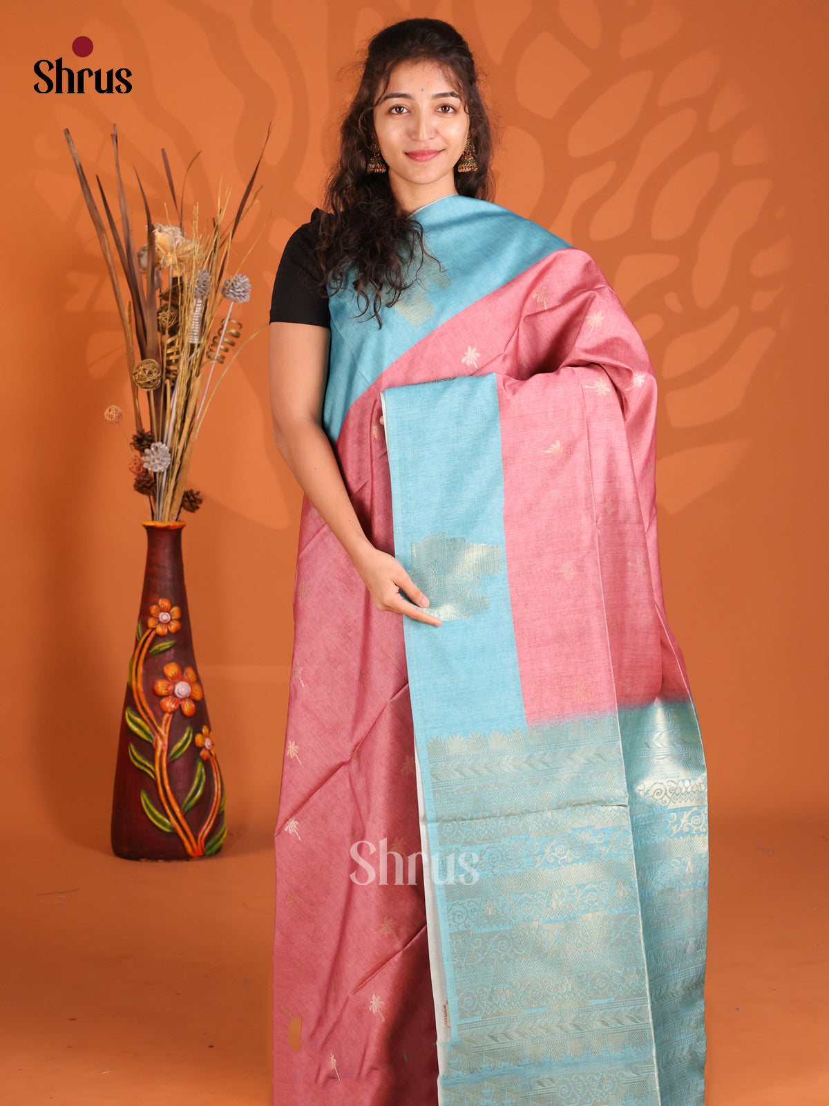 Dusty pink & Blue - Semi Tussar Saree - Shop on Shrus.com