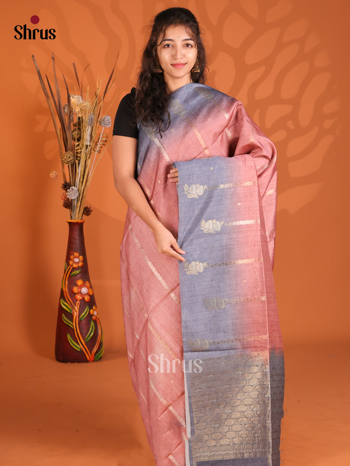 Pink & Blue - Semi Tussar Saree - Shop on Shrus.com