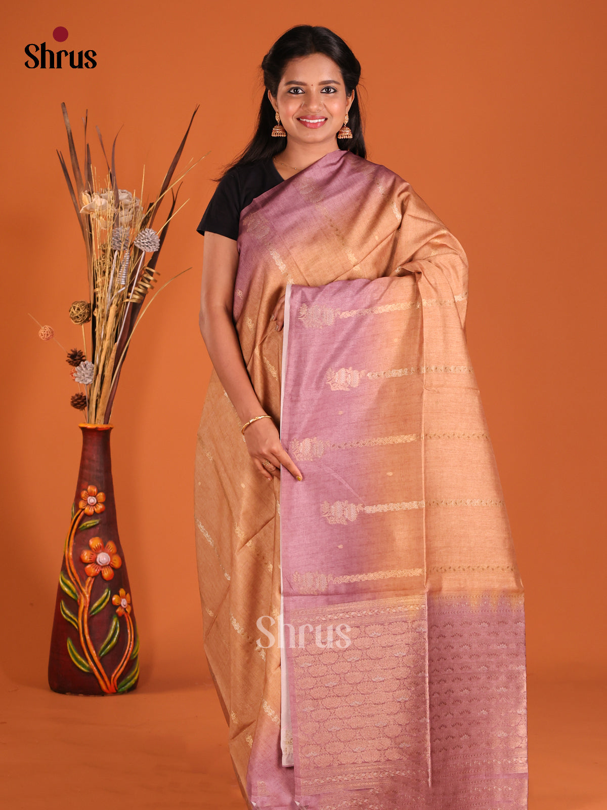 Brown & Lavender - Semi Tussar Saree