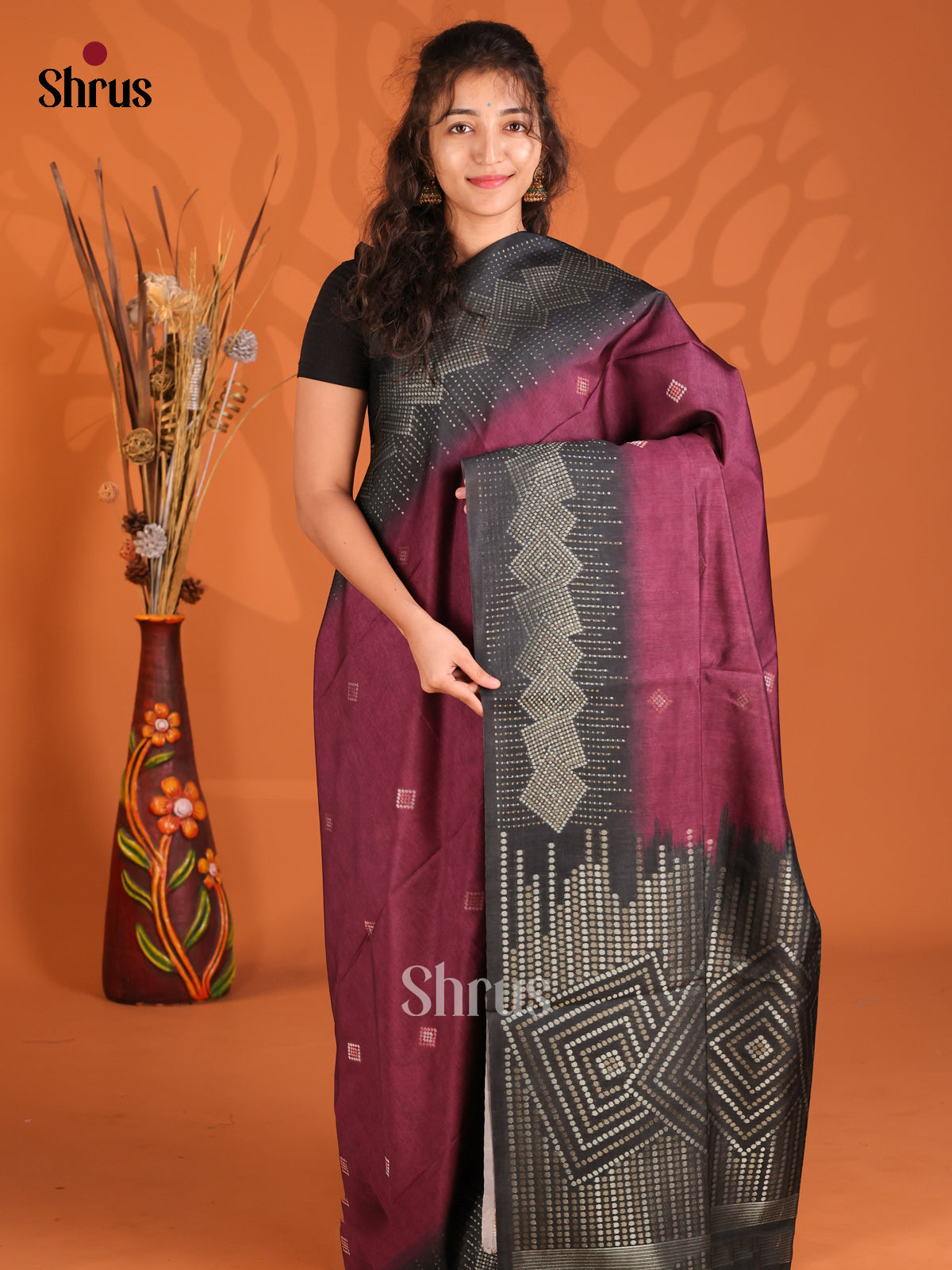 Maroon & Black - Semi Tussar Saree - Shop on Shrus.com