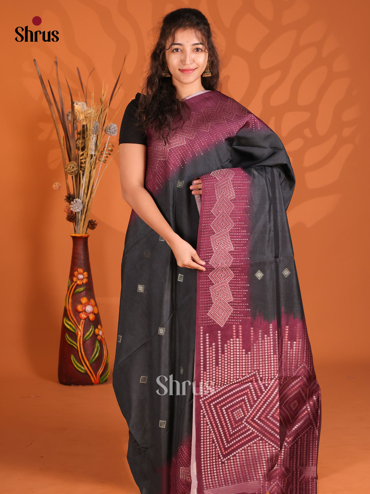 Black & Maroon - Semi Tussar Saree