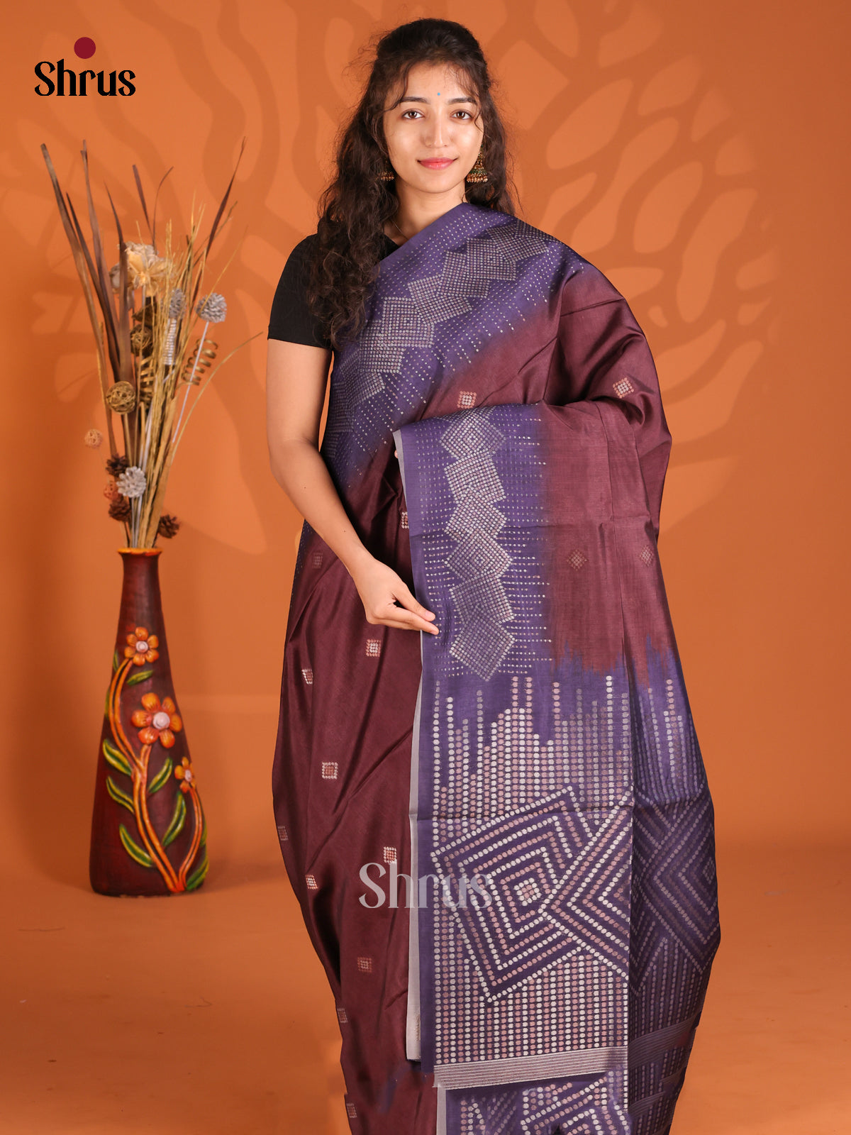 Maroon & Violet - Semi Tussar Saree - Shop on Shrus.com