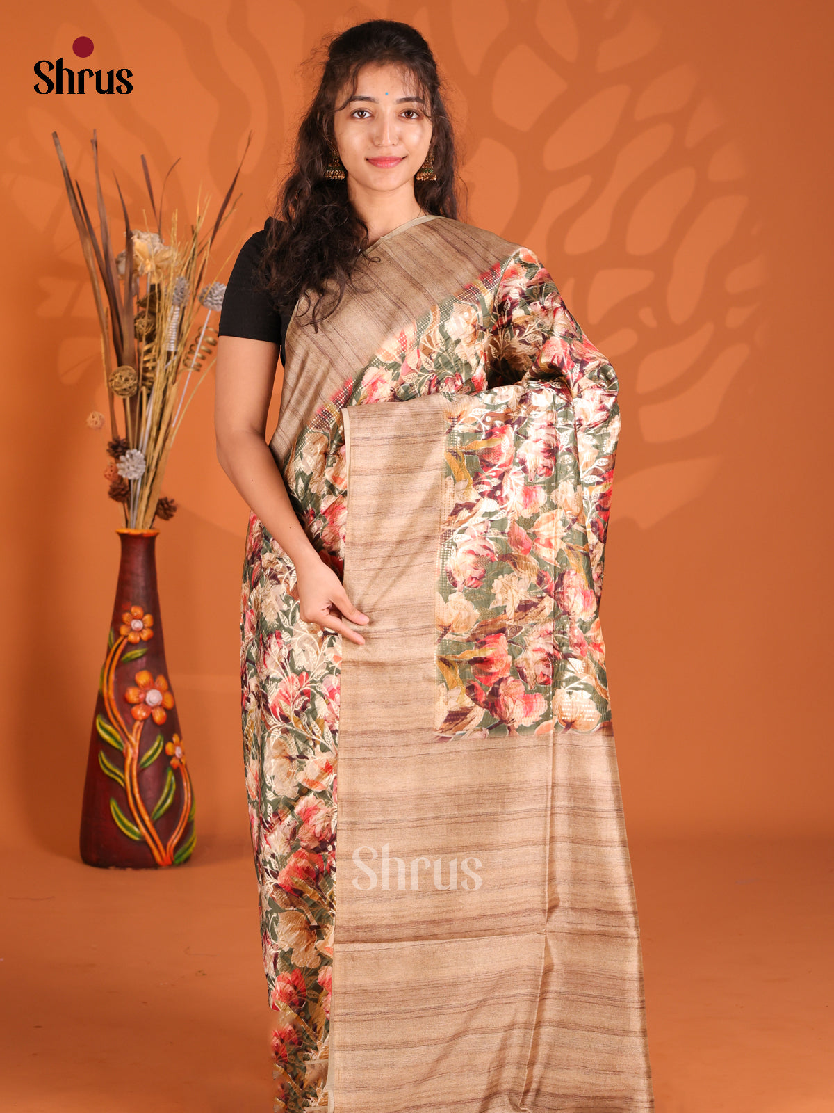 Green & Brown - Semi Tussar Saree - Shop on Shrus.com