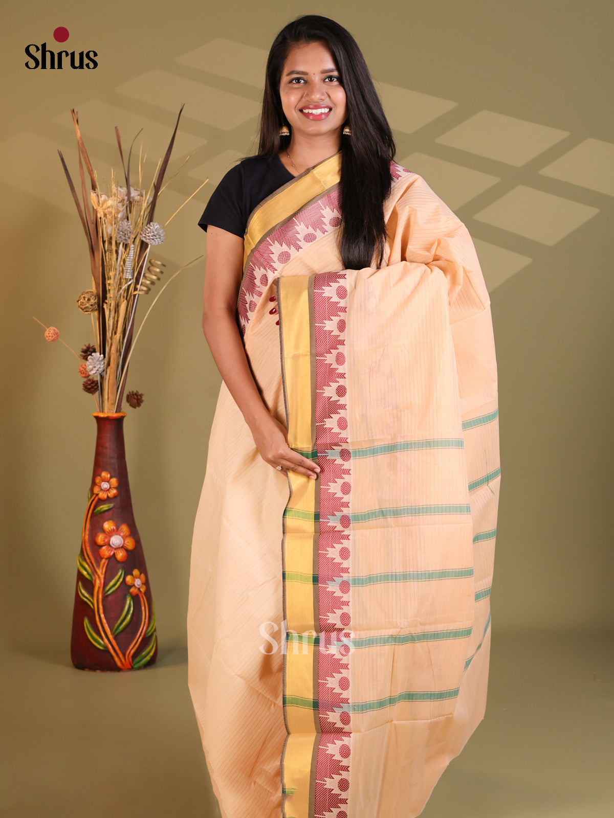 Peach & Green  - South Cotton Saree - Shop on Shrus.com