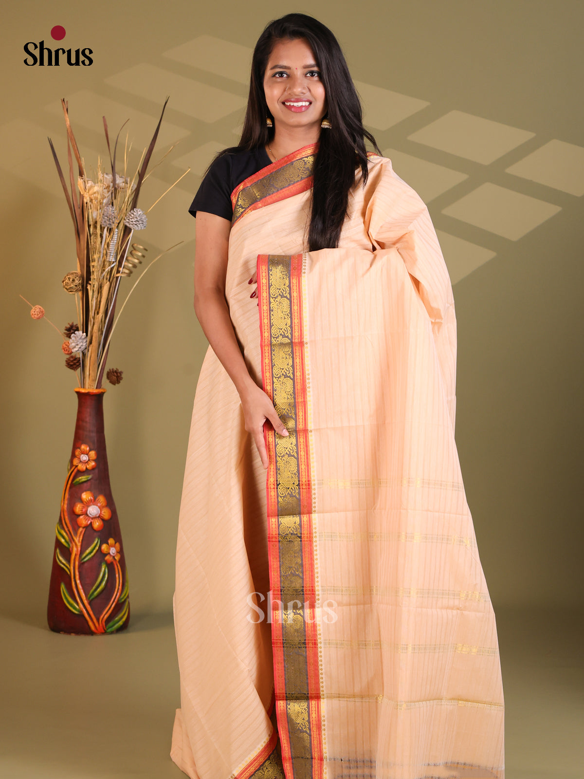 Peach & Orange - South Cotton Saree - Shop on Shrus.com