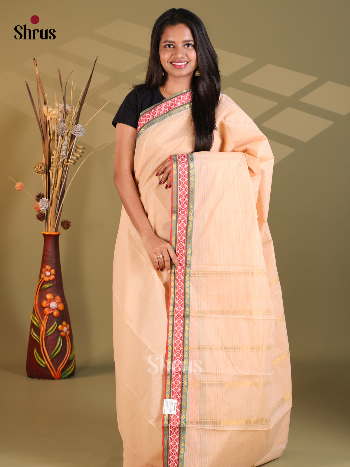 Peach & Red - South Cotton Saree - Shop on Shrus.com