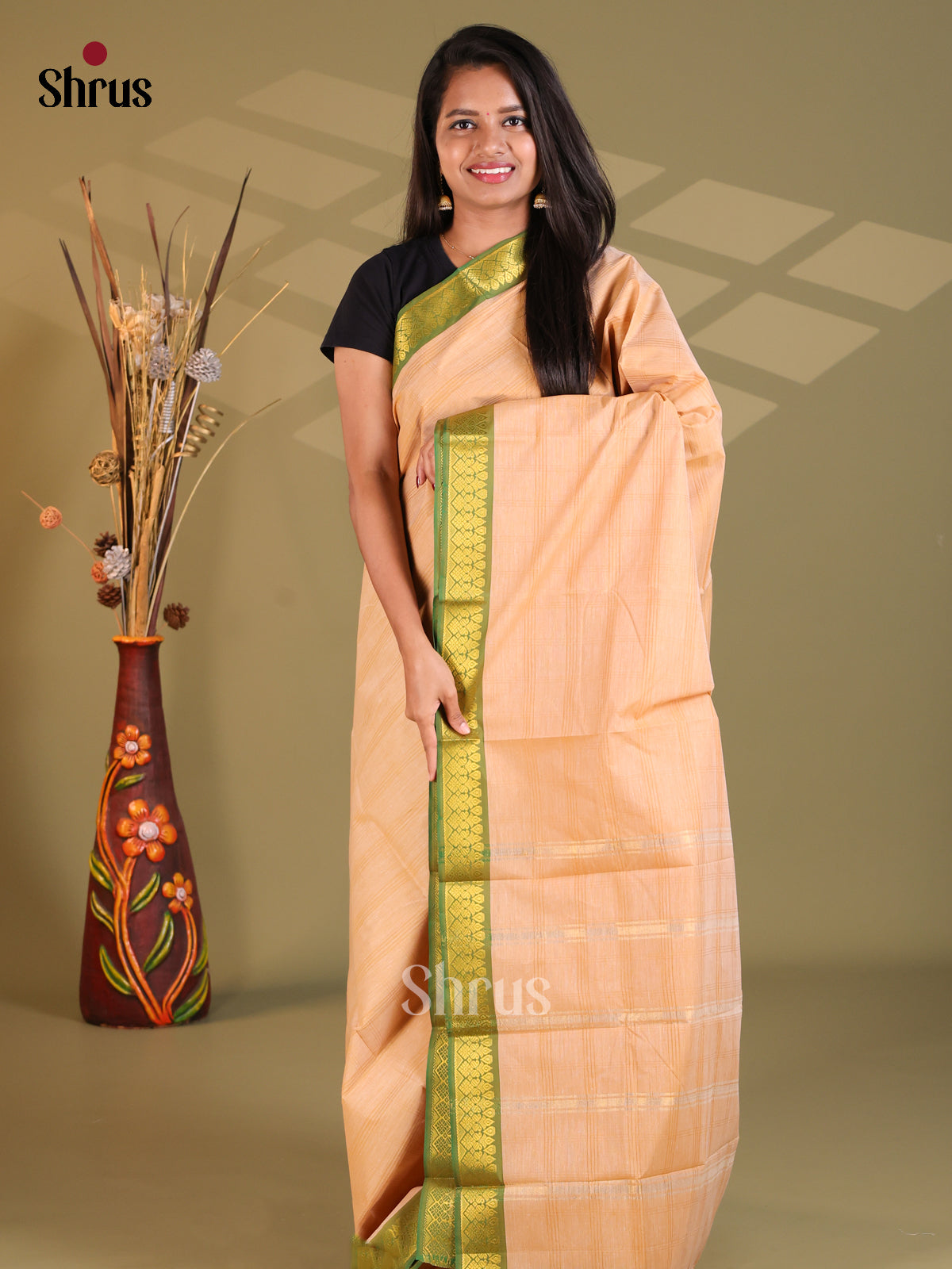 Peach & Green - South Cotton Saree - Shop on Shrus.com