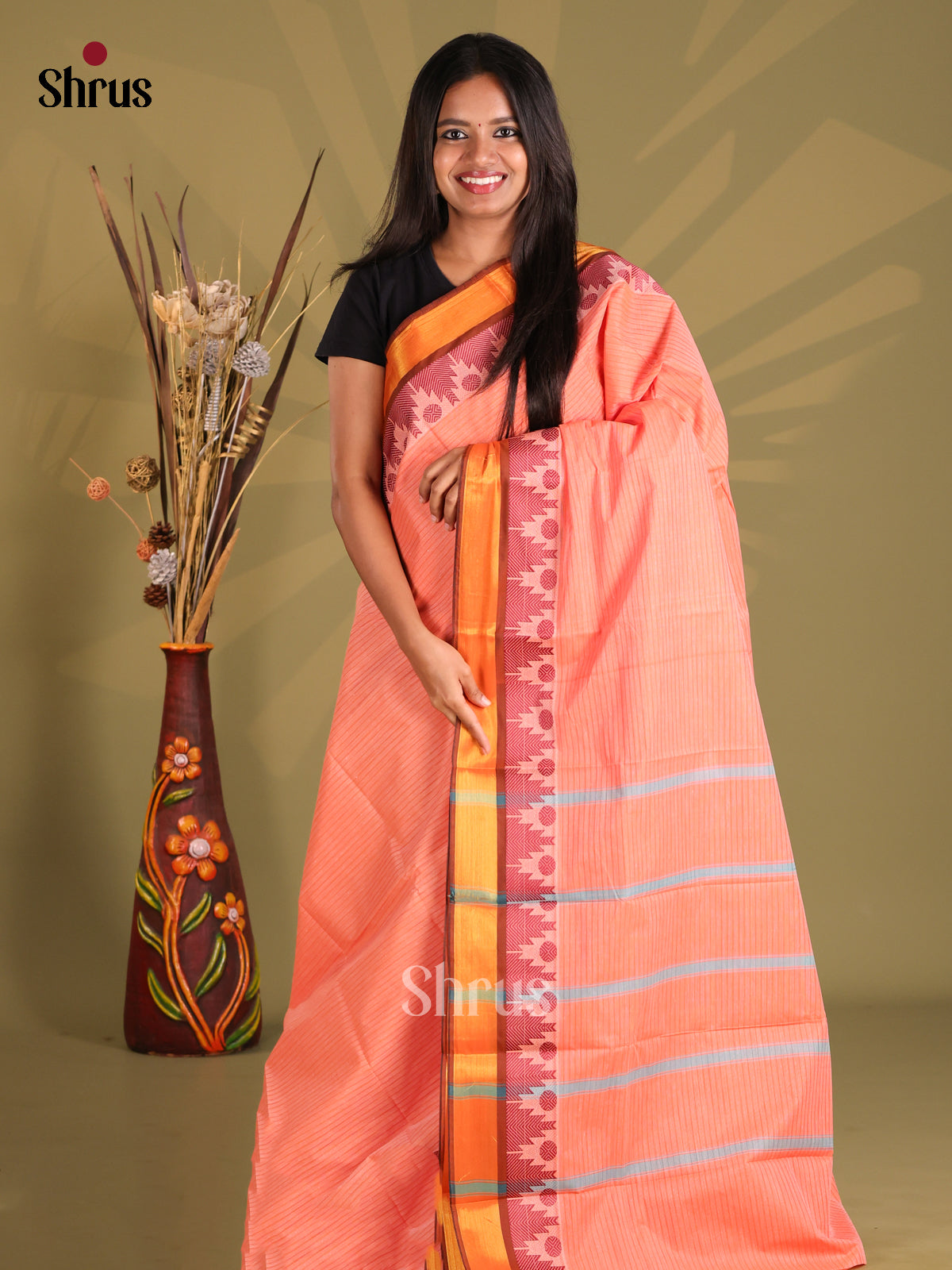 Peach & Maroon - South Cotton Saree - Shop on Shrus.com