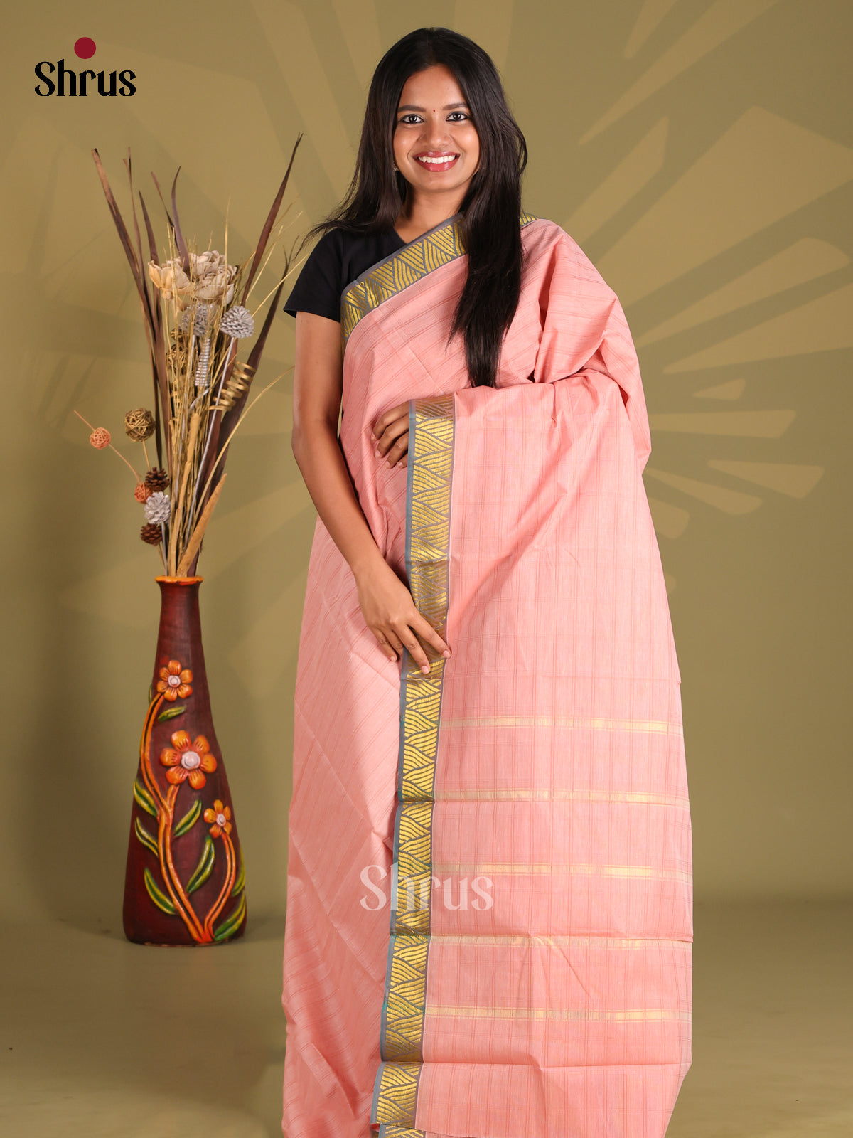 Pastel Pink & Grey - South Cotton Saree - Shop on Shrus.com