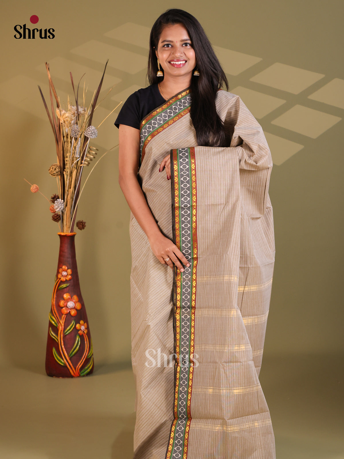 Grey & Black - South Cotton Saree - Shop on Shrus.com