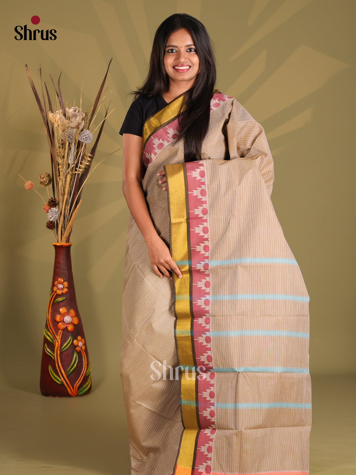 Grey & Black- South Cotton Saree - Shop on Shrus.com
