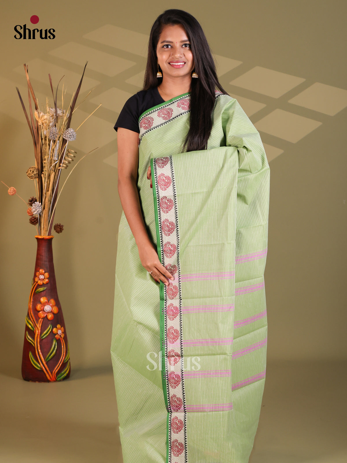 Light Green & Green - South Cotton Saree - Shop on Shrus.com