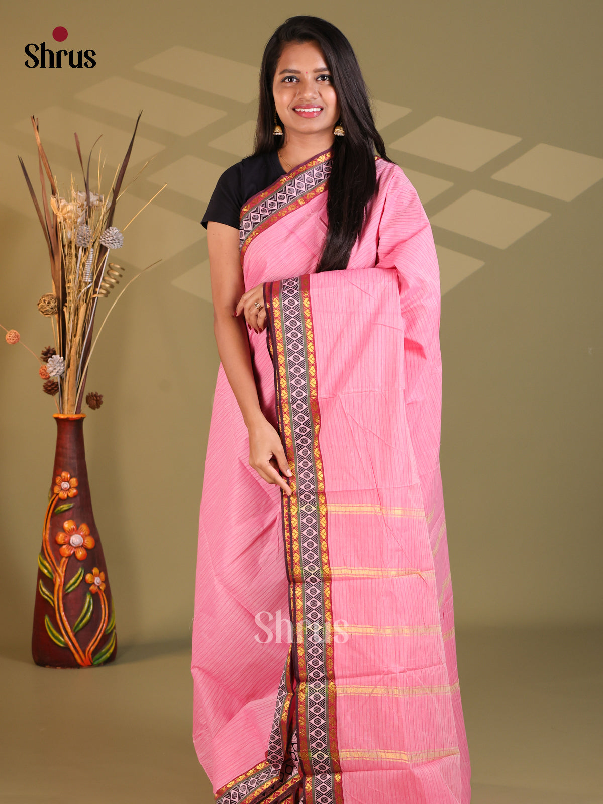 Pink  - South Cotton Saree - Shop on Shrus.com