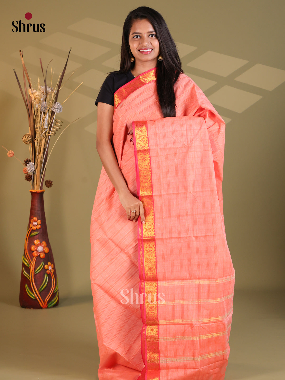 Peach & Pink- South Cotton Saree - Shop on Shrus.com