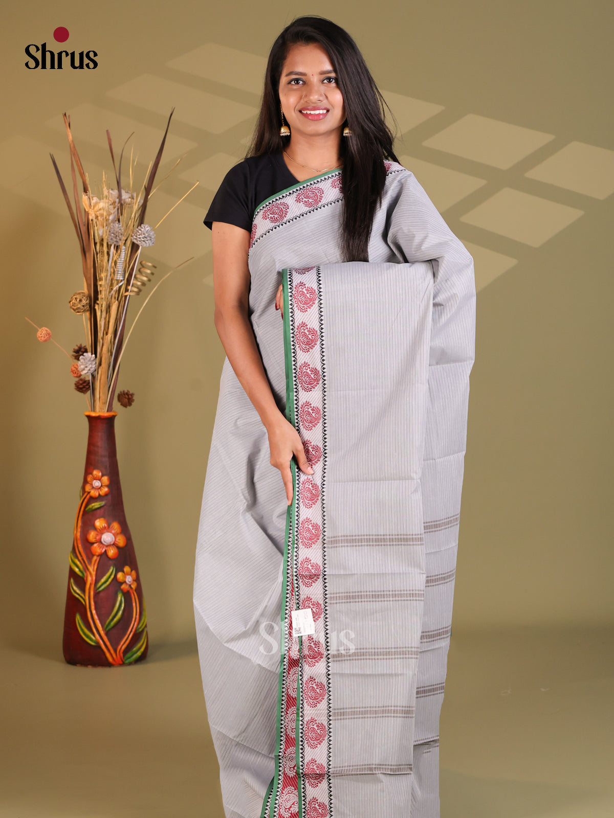 Grey & Green - South Cotton Saree - Shop on Shrus.com