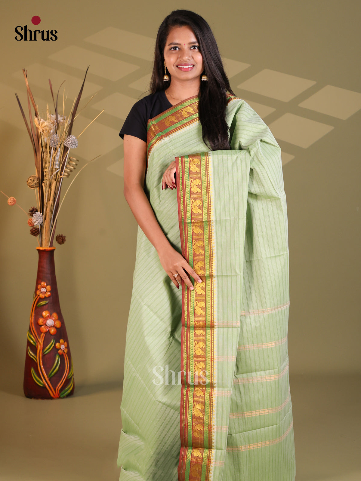 Pastel Green & Brown - South Cotton Saree - Shop on Shrus.com