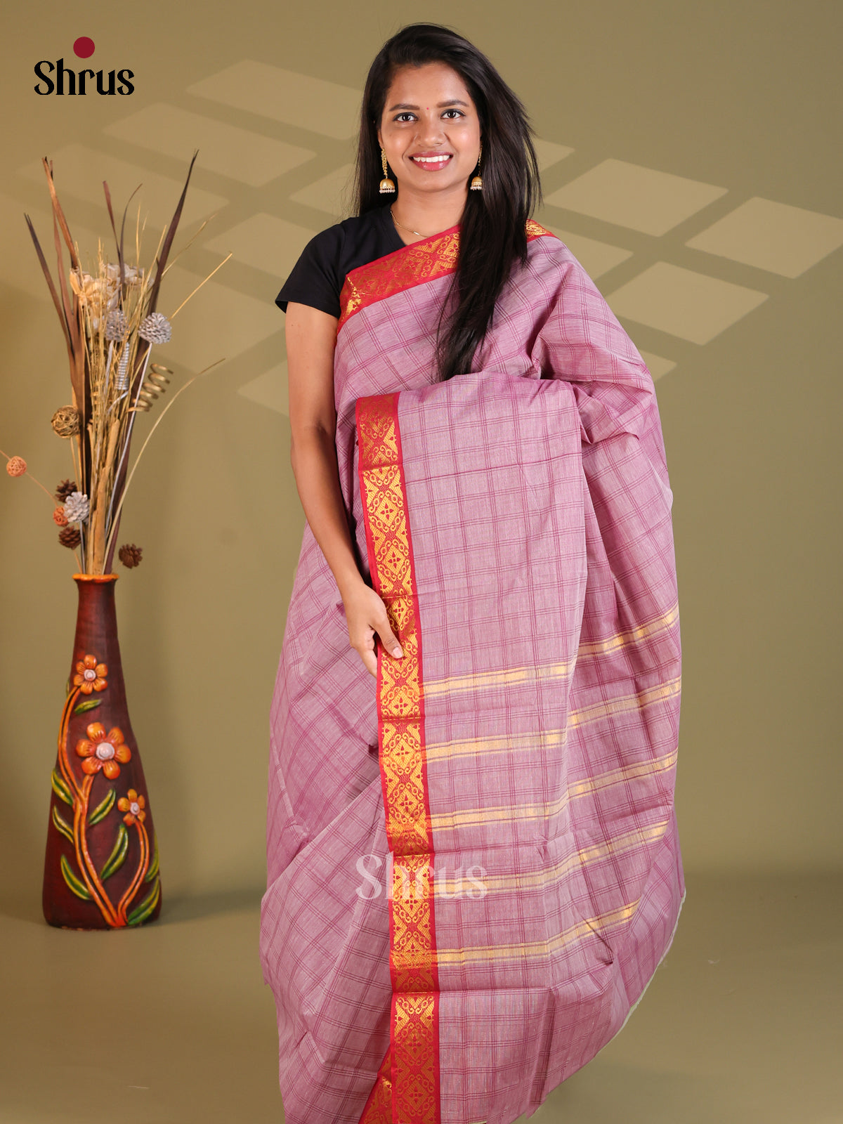 Lavender &  Red- South Cotton Saree - Shop on Shrus.com