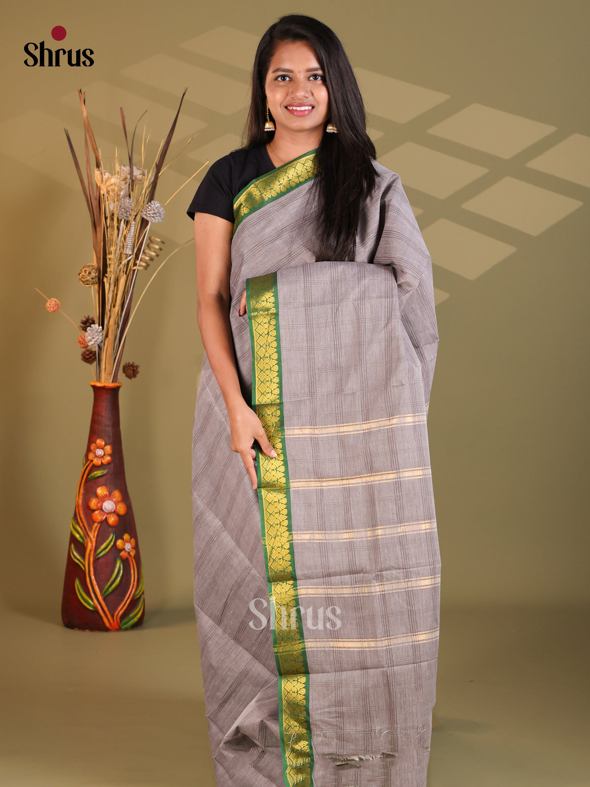 Grey & Green - South Cotton Saree - Shop on Shrus.com